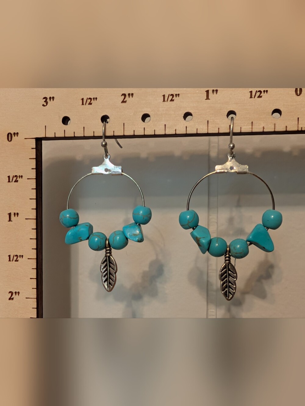 Hand Crafted Turquoise Bead Hoop Earrings with Silver Leaf Charm - Women Jewelry